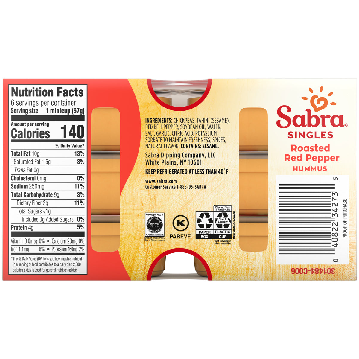 Sabra Roasted Red Pepper Hummus Singles - 2oz, 6ct